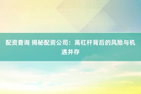 配资查询 揭秘配资公司：高杠杆背后的风险与机遇并存